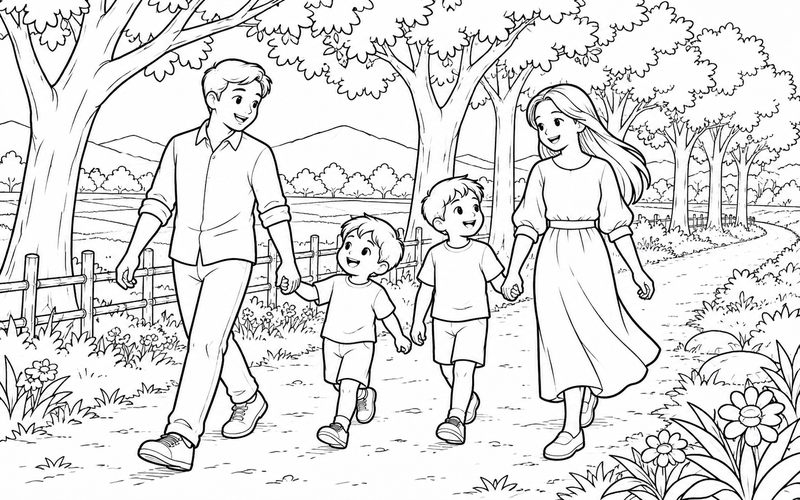 Tranh tô màu gia đình đi bộ dưới hàng cây tại lối mòn đồng quê
