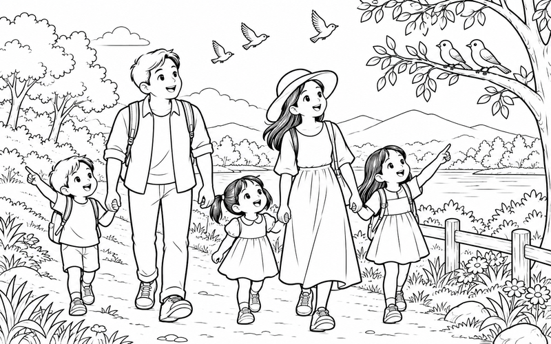Tranh tô màu gia đình đi bộ và ngắm chim tại lối mòn đồng quê