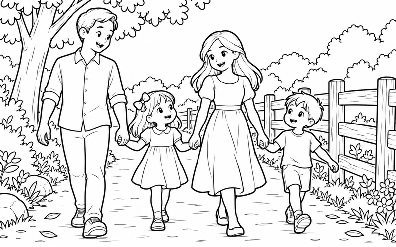Tranh tô màu gia đình nắm tay nhau đi dạo tại lối có hàng rào gỗ