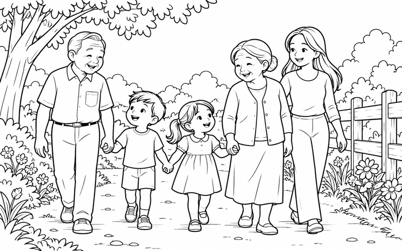 Tranh tô màu gia đình đi bộ cùng ông bà tại lối có hàng rào gỗ