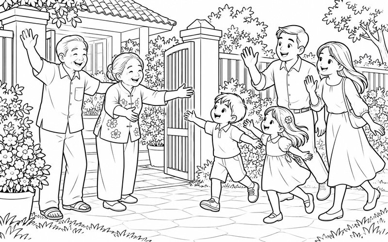 Tranh tô màu gia đình đoàn tụ ở cổng nhà với lời chào vui vẻ