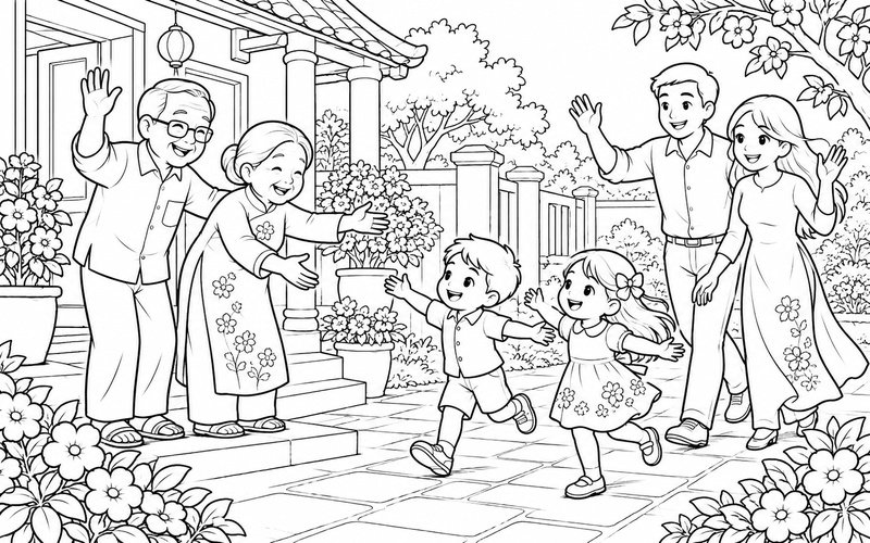 Tranh tô màu gia đình đoàn tụ ngoài sân vườn với lời chào vui vẻ