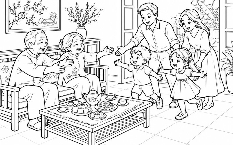 Tranh tô màu gia đình đoàn tụ bên bàn trà với lời chào vui vẻ