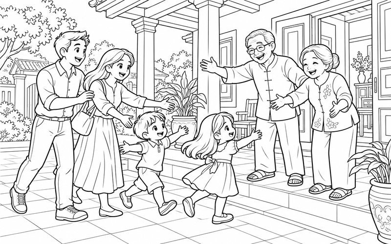 Tranh tô màu gia đình đoàn tụ dưới mái hiên với lời chào vui vẻ