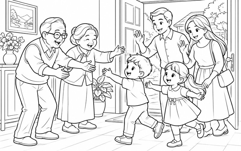 Tranh tô màu gia đình đoàn tụ tại cửa ra vào với lời chào vui vẻ