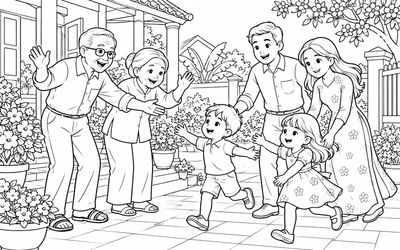 Tranh tô màu gia đình đoàn tụ cạnh chậu hoa với lời chào vui vẻ