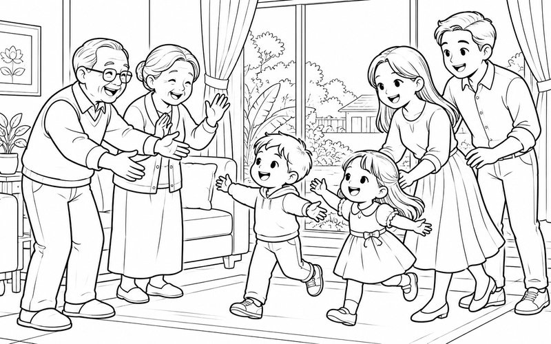 Tranh tô màu gia đình đoàn tụ bên cửa sổ với lời chào vui vẻ
