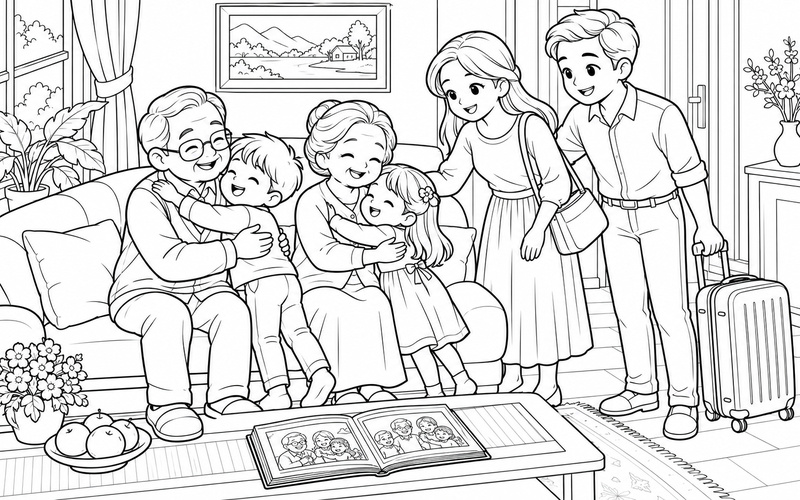 Tranh tô màu gia đình đoàn tụ trong phòng khách cùng ôm chào nhau