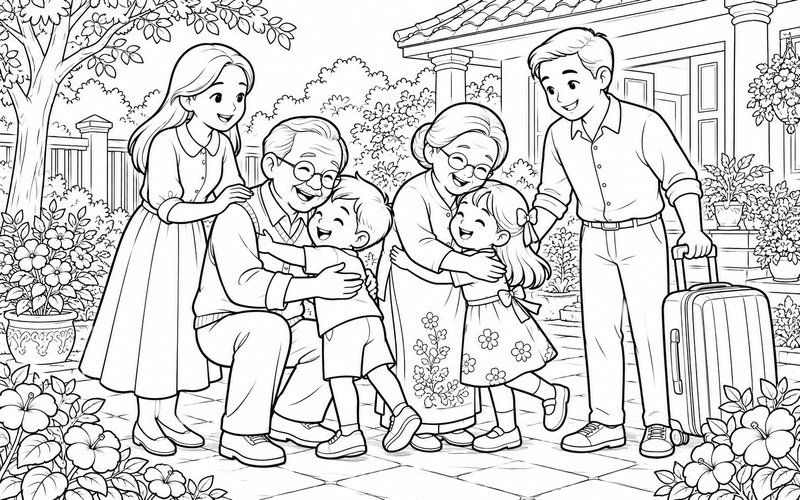 Tranh tô màu gia đình đoàn tụ ngoài sân vườn cùng ôm chào nhau
