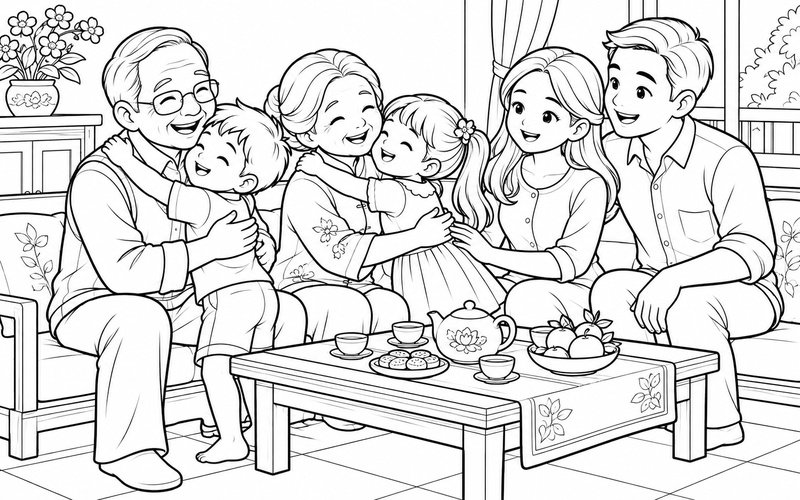 Tranh tô màu gia đình đoàn tụ bên bàn trà cùng ôm chào nhau