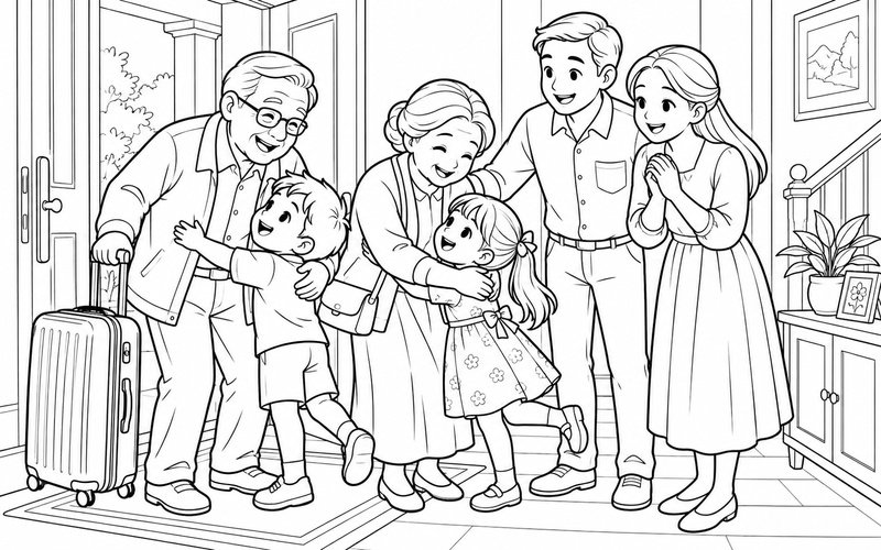 Tranh tô màu gia đình đoàn tụ tại cửa ra vào cùng ôm chào nhau
