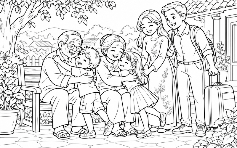 Tranh tô màu gia đình đoàn tụ bên ghế gỗ cùng ôm chào nhau