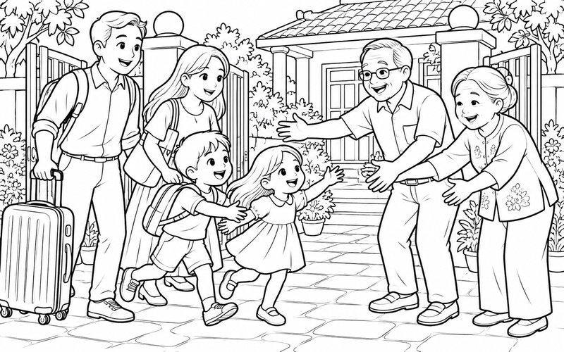 Tranh tô màu gia đình đoàn tụ ở cổng nhà với chiếc vali trở về