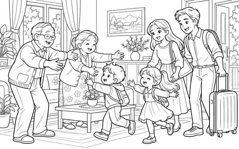 Tranh tô màu gia đình đoàn tụ trong phòng khách với chiếc vali trở về