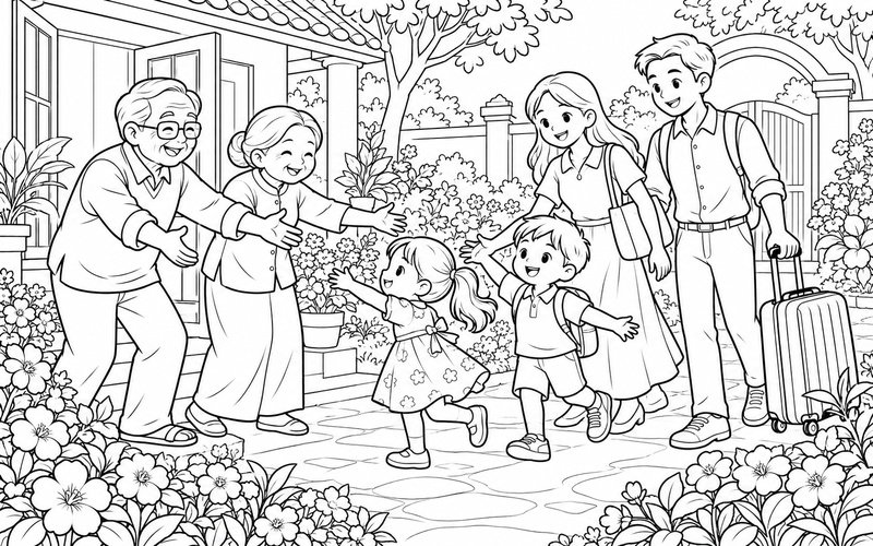 Tranh tô màu gia đình đoàn tụ ngoài sân vườn với chiếc vali trở về