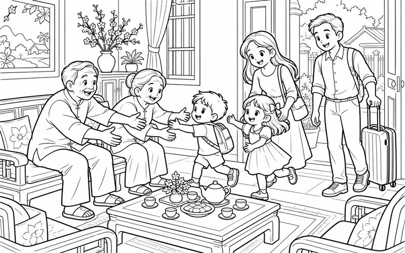 Tranh tô màu gia đình đoàn tụ bên bàn trà với chiếc vali trở về