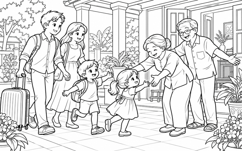 Tranh tô màu gia đình đoàn tụ dưới mái hiên với chiếc vali trở về