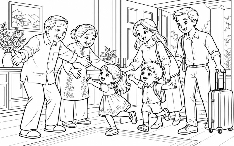 Tranh tô màu gia đình đoàn tụ tại cửa ra vào với chiếc vali trở về