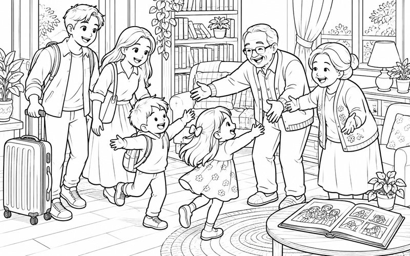 Tranh tô màu gia đình đoàn tụ trong góc đọc sách với chiếc vali trở về
