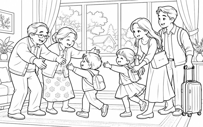 Tranh tô màu gia đình đoàn tụ bên cửa sổ với chiếc vali trở về