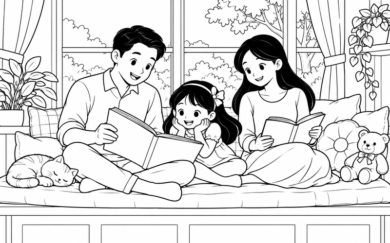 Tranh tô màu gia đình đọc sách: bố đọc truyện cho con tại góc đọc bên cửa sổ