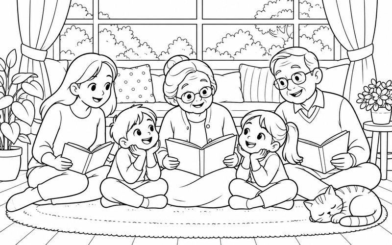 Tranh tô màu gia đình đọc sách: ông bà đọc sách cùng cháu tại góc đọc bên cửa sổ