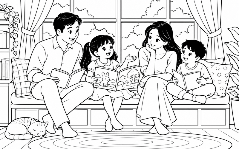 Tranh tô màu gia đình đọc sách: bé kể chuyện theo sách tranh tại góc đọc bên cửa sổ
