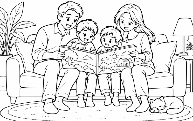 Tranh tô màu gia đình đọc sách: gia đình cùng đọc sách tranh trên ghế sofa êm
