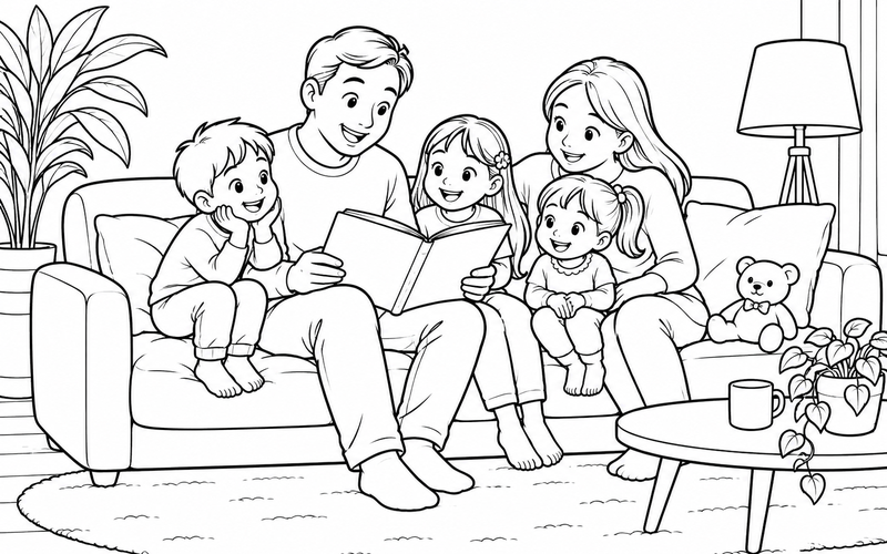 Tranh tô màu gia đình đọc sách: bố đọc truyện cho con trên ghế sofa êm