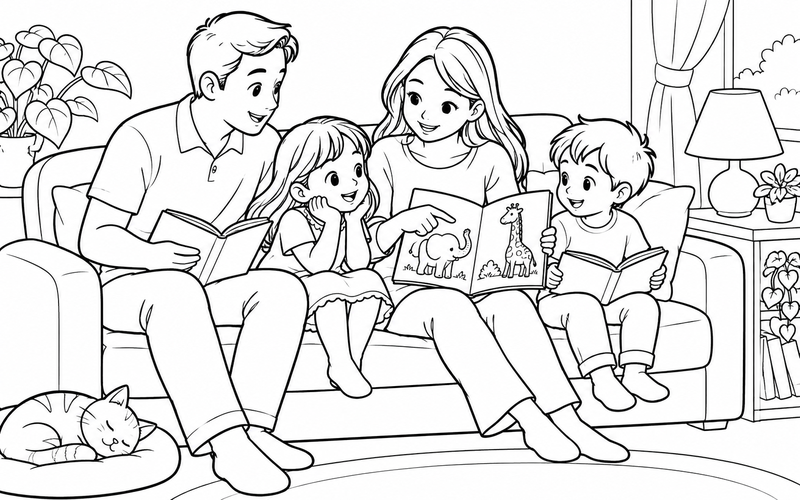 Tranh tô màu gia đình đọc sách: mẹ và bé xem sách động vật trên ghế sofa êm