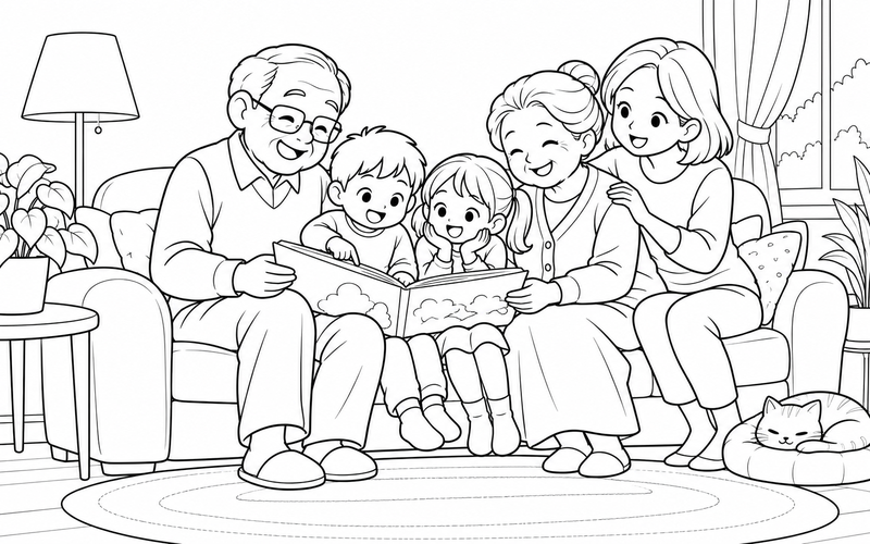 Tranh tô màu gia đình đọc sách: ông bà đọc sách cùng cháu trên ghế sofa êm