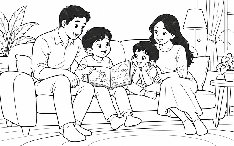 Tranh tô màu gia đình đọc sách: bé kể chuyện theo sách tranh trên ghế sofa êm