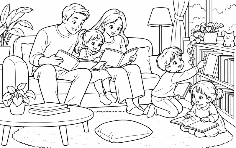 Tranh tô màu gia đình đọc sách: gia đình cùng chọn sách từ kệ thấp trên ghế sofa êm
