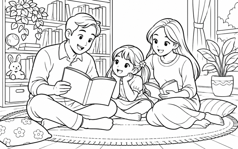 Tranh tô màu gia đình đọc sách: bố đọc truyện cho con trên thảm cạnh kệ sách