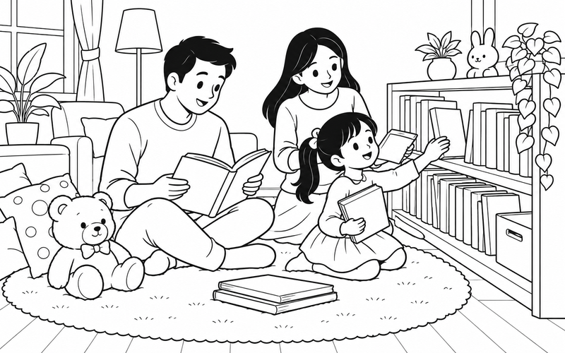 Tranh tô màu gia đình đọc sách: gia đình cùng chọn sách từ kệ thấp trên thảm cạnh kệ sách