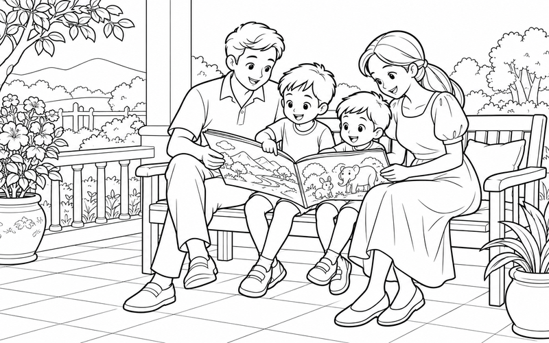 Tranh tô màu gia đình đọc sách: gia đình cùng đọc sách tranh trên ghế dài ngoài hiên