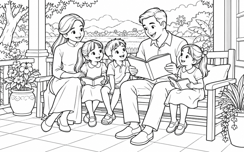 Tranh tô màu gia đình đọc sách: bố đọc truyện cho con trên ghế dài ngoài hiên