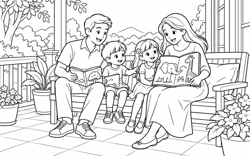 Tranh tô màu gia đình đọc sách: mẹ và bé xem sách động vật trên ghế dài ngoài hiên