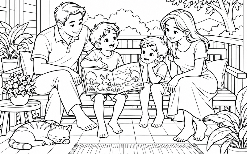 Tranh tô màu gia đình đọc sách: bé kể chuyện theo sách tranh trên ghế dài ngoài hiên