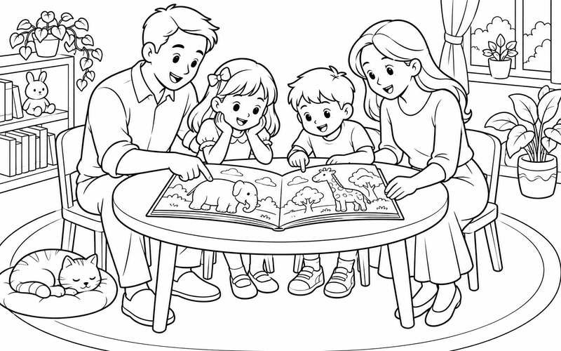 Tranh tô màu gia đình đọc sách: gia đình cùng đọc sách tranh bên bàn đọc sách tròn
