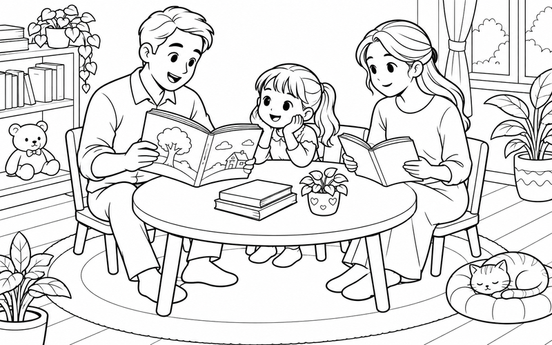 Tranh tô màu gia đình đọc sách: bố đọc truyện cho con bên bàn đọc sách tròn