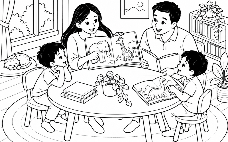 Tranh tô màu gia đình đọc sách: mẹ và bé xem sách động vật bên bàn đọc sách tròn
