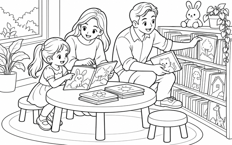 Tranh tô màu gia đình đọc sách: gia đình cùng chọn sách từ kệ thấp bên bàn đọc sách tròn