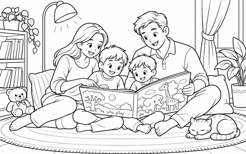 Tranh tô màu gia đình đọc sách: gia đình cùng đọc sách tranh tại góc có đèn đọc sách