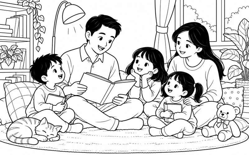 Tranh tô màu gia đình đọc sách: bố đọc truyện cho con tại góc có đèn đọc sách