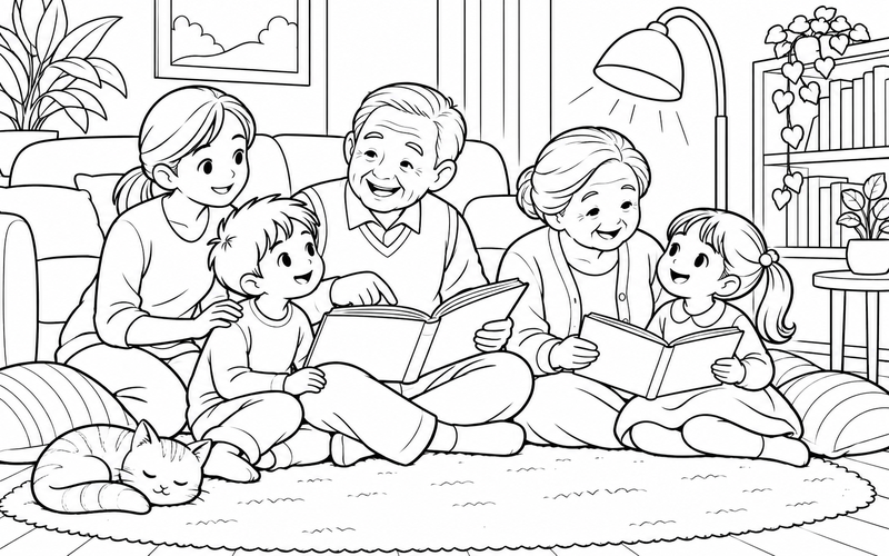 Tranh tô màu gia đình đọc sách: ông bà đọc sách cùng cháu tại góc có đèn đọc sách