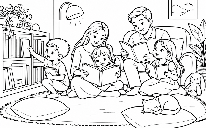 Tranh tô màu gia đình đọc sách: gia đình cùng chọn sách từ kệ thấp tại góc có đèn đọc sách