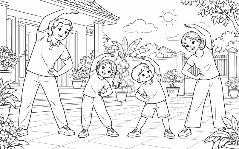 Tranh tô màu cả nhà cùng vươn vai trong sân nhà buổi sáng