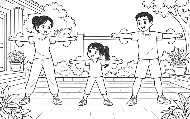 Tranh tô màu gia đình tập thể dục: bố mẹ và bé xoay tay khởi động ở sân nhà