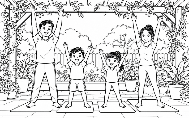 Tranh tô màu gia đình tập thể dục: cả nhà vươn tay lên cao trên thảm dưới giàn cây